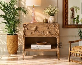 Hand Carved Bird Nightstand, Wooden Bedside Table with Drawer, Nature Inspired Furniture