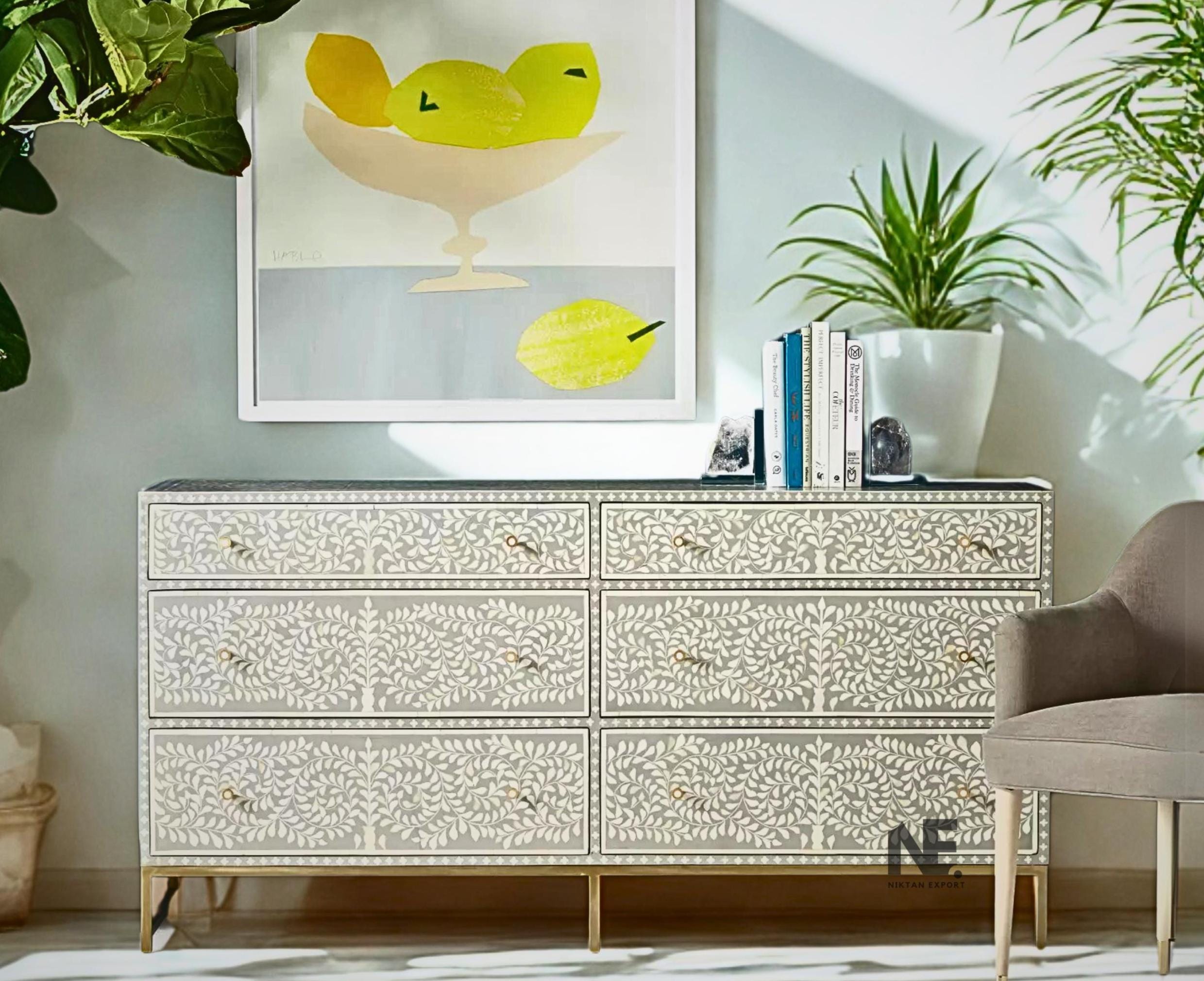 grey bone inlay dresser Hope Bone Inlay 6 Drawer Dresser Grey