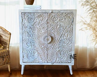 Hand Carved Mango Wood Whitewashed Cabinet Floral Storage Chest Wooden Sideboard