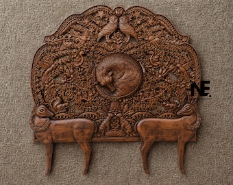 Hand Carved Solid Wood Wildlife Headboard, Deer Fox Owl Menagerie Bed Furniture