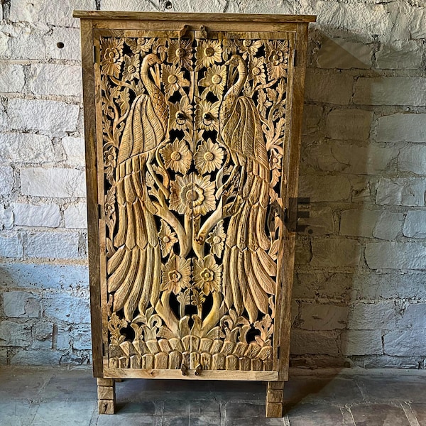 Peacock Carved Mango Wood Armoire – Handmade Wardrobe Cabinet, Luxury Bedroom Furniture