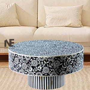 Handmade Bone Inlay Round Coffee Table – Floral Design, Bone Flower Inlay Coffee Table | Bone Inlay Furniture | Accent Center Table