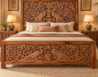 Hand Carved Peacock Bed Frame in Mango Wood with Ornate Floral Headboard, Footboard and Custom Sizing