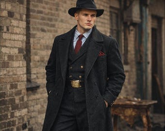 Men Black Wool Long Coat | Classic Gentleman Overcoat | Formal Winter Coat for Men