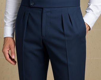 Navy Blue Gurkha Trousers: High Waist Pleated Pants, Tailored Fit