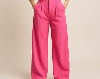 High Waist Wide Leg Pink Trousers: Elegant Pleated Summer Pants