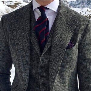 Men’s Classic Grey Tweedy herringbone 3 Piece Suit | Formal Style Wedding Formal Blazer Waistcoat & Trousers | Winter Business Groom Outfit