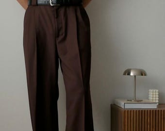 Men Custom Brown Wide Leg Pleated Trousers: Tailored Fit 70s Style