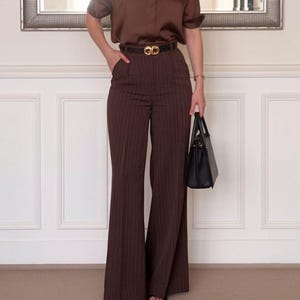Women’s High Waist Pinstripe Wide Leg Trousers  – Elegant Office Outfit | Classy Business Casual Pants Style | Professional |Workwear Look