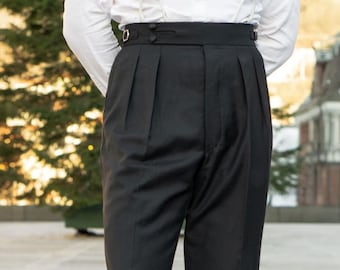 Men Black High Waist Pleated Dress Pants | Custom Fit Formal Trousers