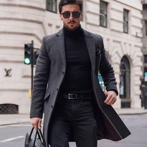 Herren Grauer Tweed Wollmantel: Taillierter Slim-Fit Langer Wintermantel