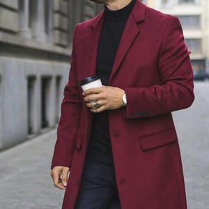 Men’s Burgundy Overcoat – Long Blend Winter Coat | Stylish Casual & Formal Outerwear | Slim Fit Streetwear Jacket for Fall