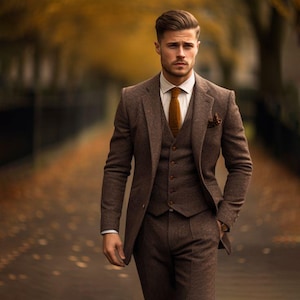 Herren Brown Tweed 3-teiliger Anzug |Fischgrätenmuster Wolle Blazer Weste & Hose | Klassische Gentleman Hochzeit formelles Business Outfit