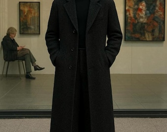 Men's Black Long Tweed Overcoat – Classic Tailored Winter Wool Blend Coat