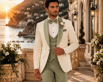 Ivory White & Sage Green 3 Piece Men's Suit – Groom Wedding Tuxedo, Slim Fit Formal Prom Outfit