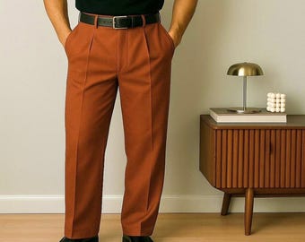 Men's High-Waisted Wool Trousers: Vintage Inspired Rust Brown Pants