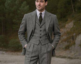 Costume en tweed à chevrons gris pour homme – Coupe ajustée 3 pièces personnalisée