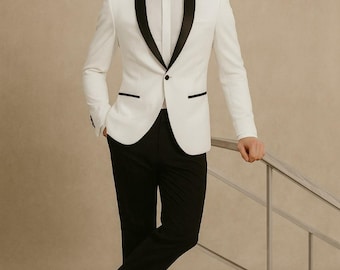 Men's White and Black Tuxedo 2pc Suit Prom Wedding Groom Suits Gifts