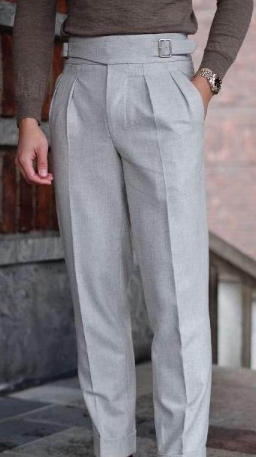 Men's Grey High-waisted Gurkha Trousers: Tailored Fit Pleated Pant