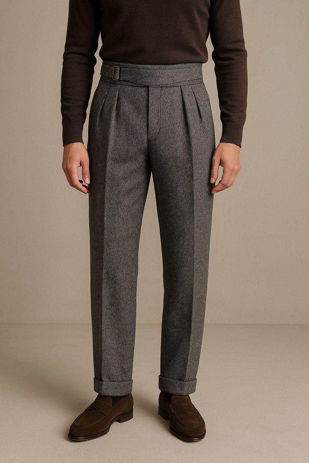 Men's High-waisted Herringbone Wool Trousers - Pleated Formal