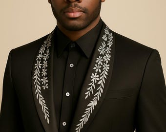 Black Embroidered Tuxedo Suit: Floral Lapel, Tailored Fit