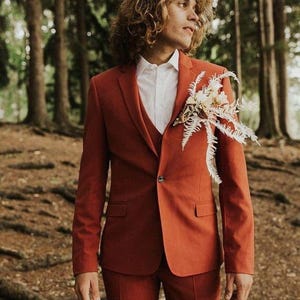 Men’s Rust Orange 3 Piece Suit | Wedding Suit for Groom | Prom & Party Wear Suit | Beach Wedding Outfit | Slim Fit Formal Suit with Vest
