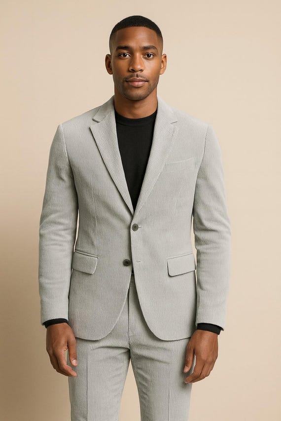 Light Grey Corduroy Men's Suit: Slim Fit Wedding Groom Outfit - Etsy