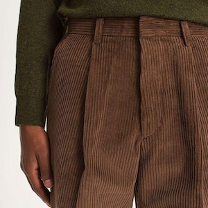 Mens Brown Corduroy Pleated Pants – High Waist Trousers, Retro Fall Winter Fashion, Wide Leg, Casual Elegant Style and  Party wear