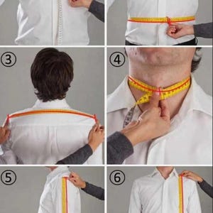 May include: Six images showing how to measure for a shirt. A yellow and red tape measure is used to measure chest, waist, shoulders, neck, sleeve length, and shirt length. The person is wearing a white shirt. Measurements are in centimetres.