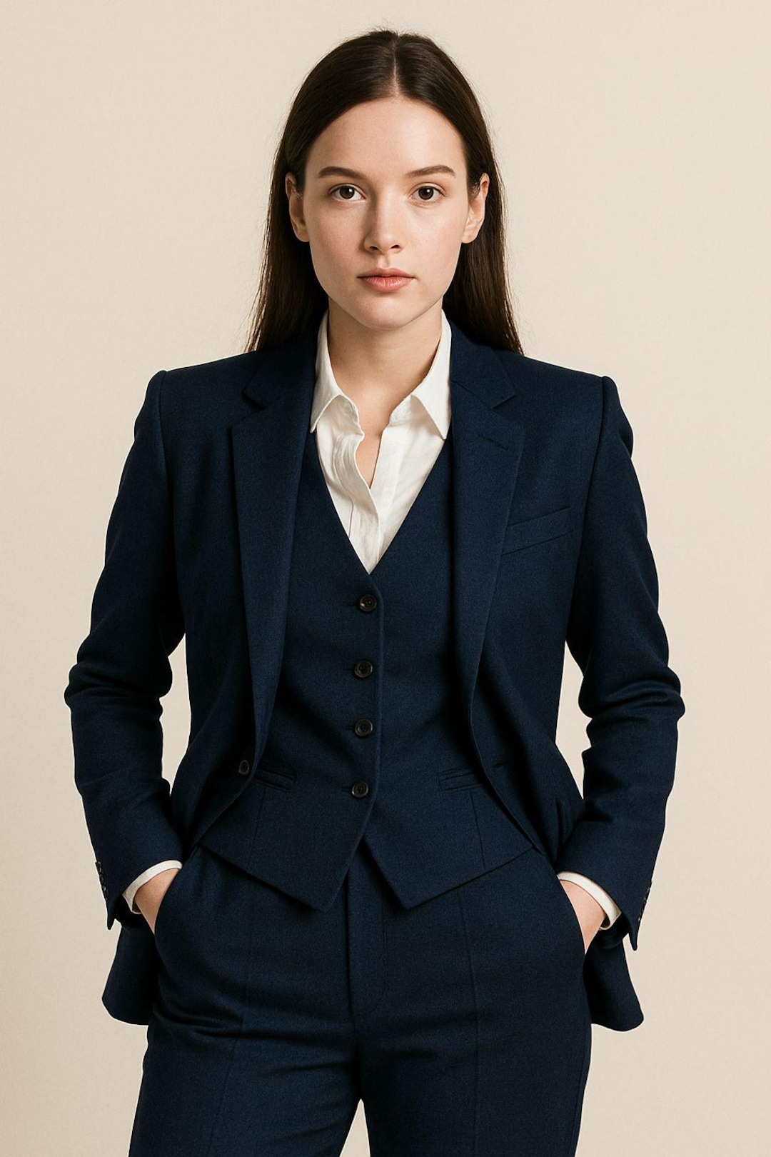 Navy Blue Women’s 3piece Suit Tailored Blazer, Vest & Pants Formal — free download