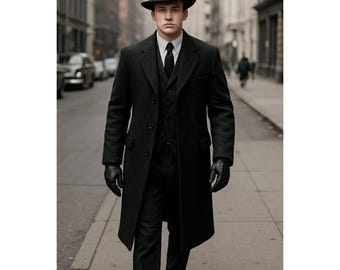 Men’s Black Wool Overcoat – Long Coat, Winter Formal Tailored Outerwear