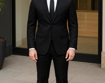 STAFFORD ブラック ダブルブレストスーツ メンズ ブラック ダブルブレストスーツ：スリムフィット イタリアン