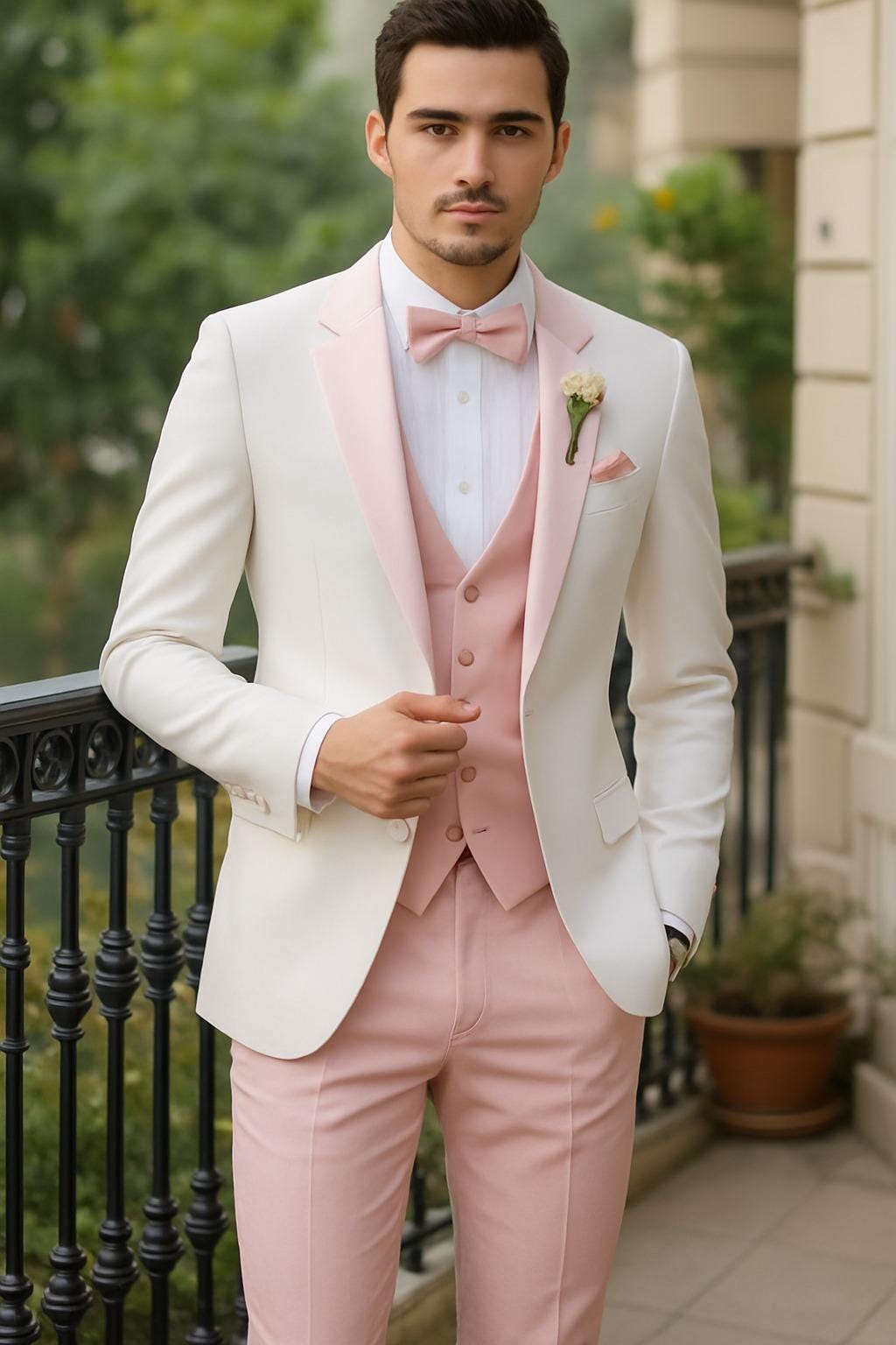 Groom Rose Gold Vest And Tie Men's Light Pink 3-Piece Tuxedo Suit With Black Satin Groom Rose Gold Vest And Tie Men's Light Pink 3-Piece Tuxedo Suit With Black Satin