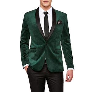 Men’s Green Velvet Tuxedo Jacket – One-Button Blazer with Black Satin Shawl Lapel – Elegant Formal Dinner, Prom and Wedding Wear