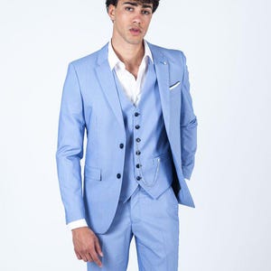 Light Blue 3 Piece Men’s Suit with Vest – Slim Fit Formal Wedding Groom & Groomsmen Outfit, Business and Party Wear with Stylish Blazer