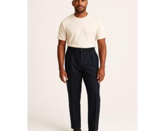 Men's High Waist Navy Trousers: Tailored Pleated Dress Pants