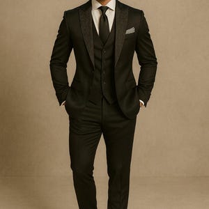 Men&#39;s Black Slim Fit Tuxedo Suit: 3-Piece Wedding Groom Outfit