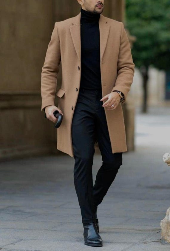 Men's Camel Brown Tweed Wool Overcoat: Long Tailored Slim-fit Winter Coat -  Etsy