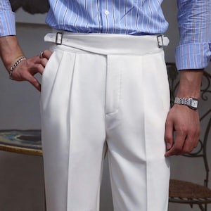 Mens White High Waist Pleated Dress Pants – Elegant Formal Trousers with Side Adjusters, Tailored Fit for Weddings & Business