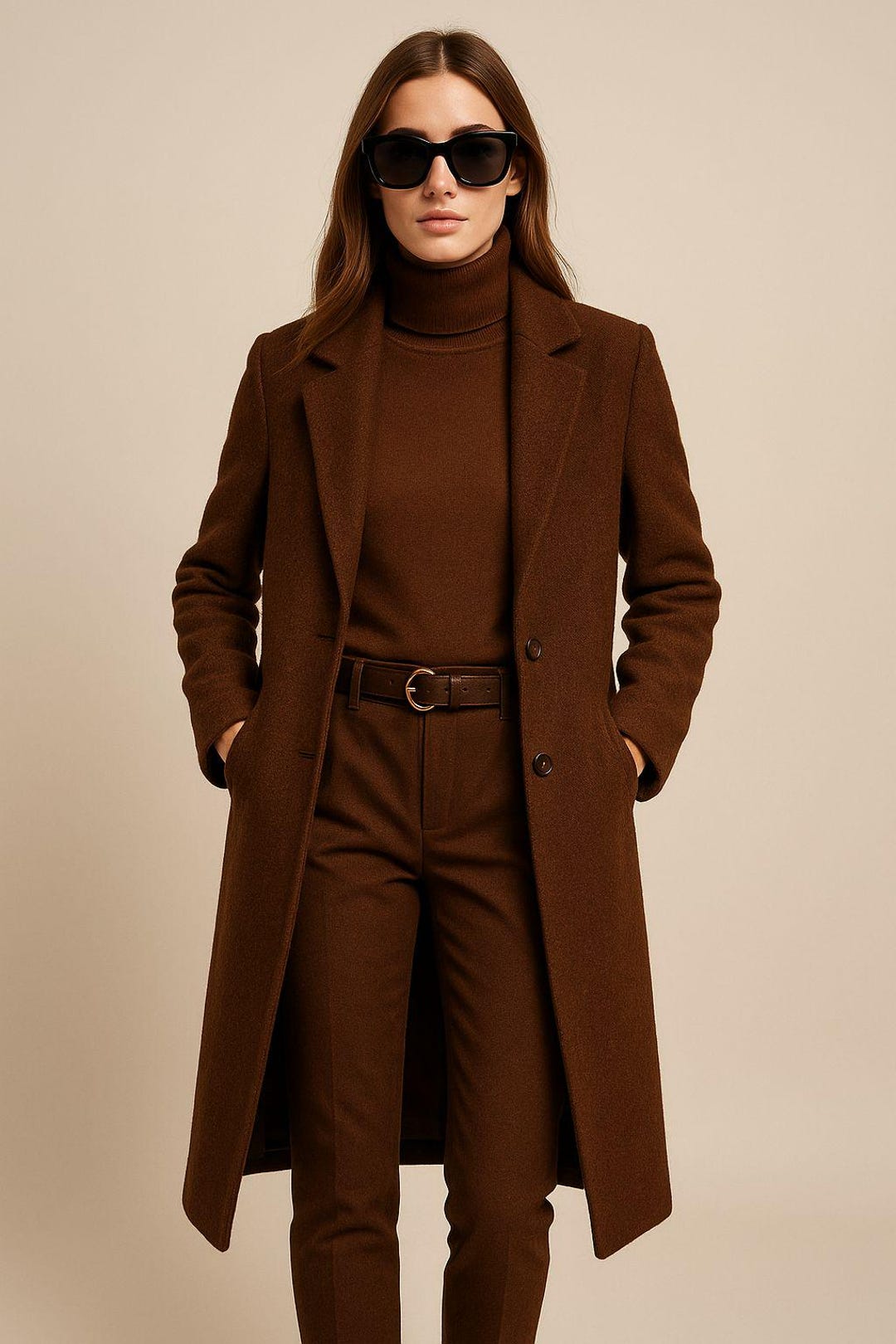 Elegant Brown Tweed Wool Overcoat - Classic Women's Winter Coat