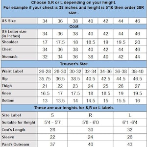 May include: A sizing chart for coats and trousers, displaying measurements in inches. The chart includes US sizes from 34 to 46, with corresponding measurements for shoulder, chest, stomach, waist, hip, thigh, knee, and bottom. It also shows S, R, and L size labels with height and length details.