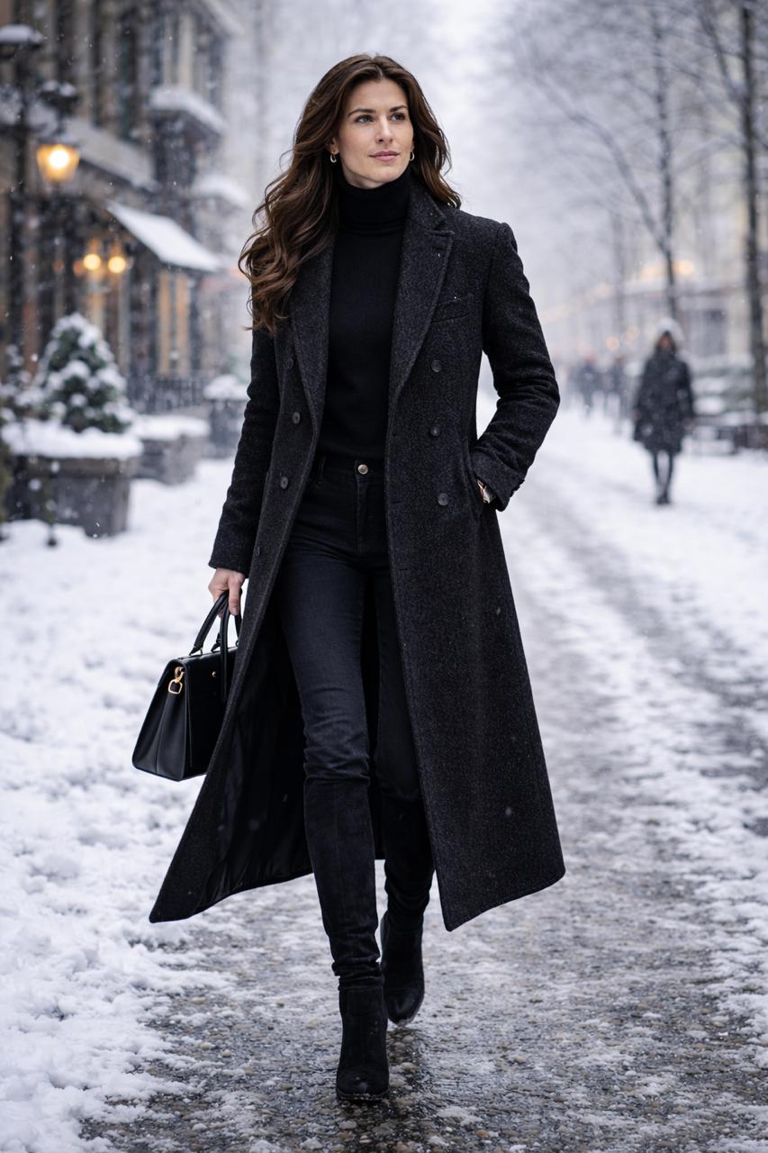 Women Black Long Tweed Wool Coat for Winter| Double-breasted