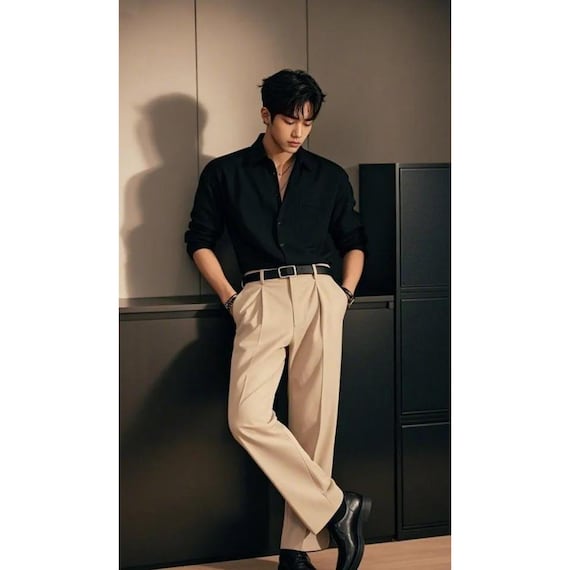 Men's Beige Pleated Dress Pants