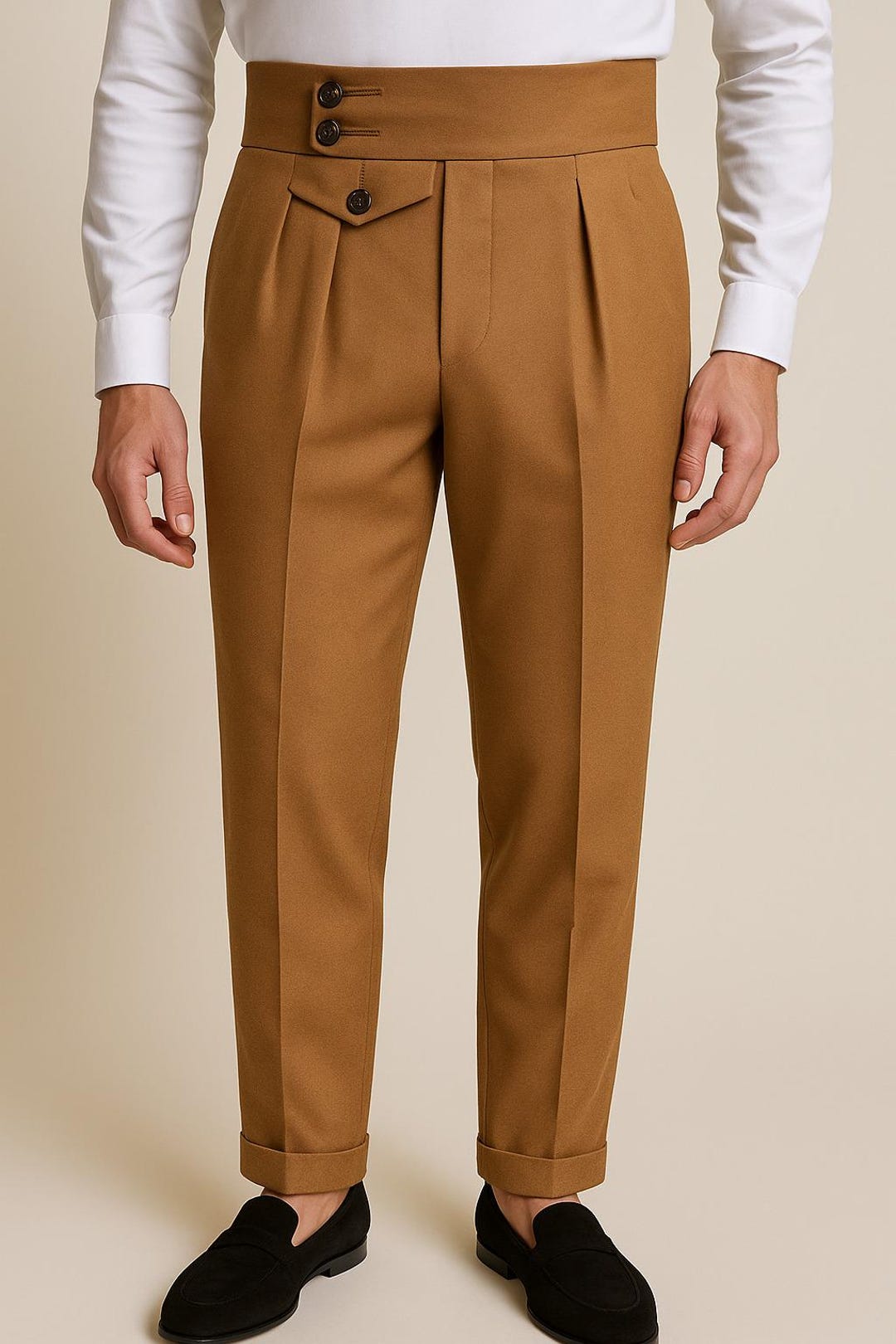Camel Brown Gurkha Pants: High Waist Pleated Trousers, Tailored