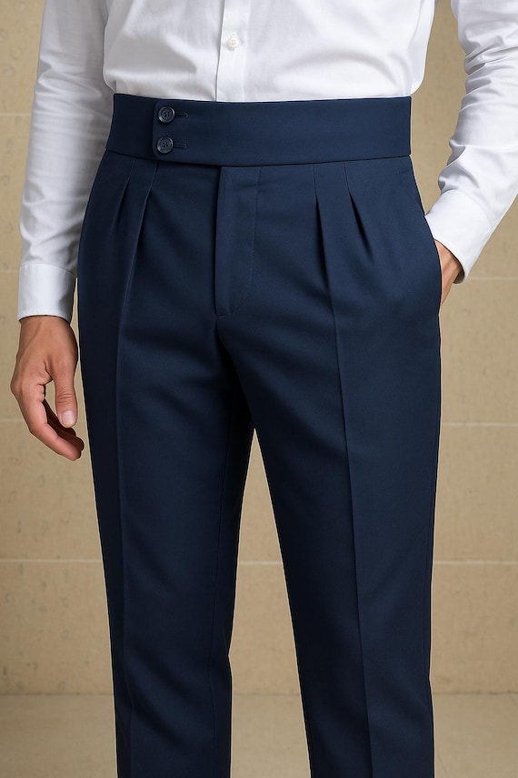 Navy Blue Gurkha Trousers: High Waist Pleated Pants, Tailored Fit - Etsy  Israel