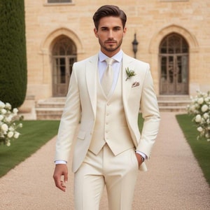 Men Suits cream 3 Piece Slim Fit  Wedding Groom Party Wear Coat Pant, Wedding Groom Suit, Engagement Suit, Beige Slim Fit Suit