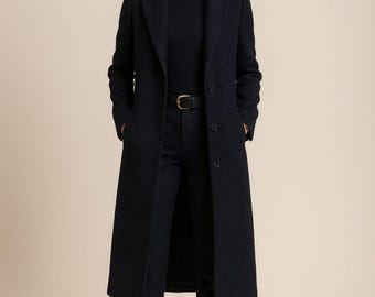 Classic Navy Tweed Wool Overcoat - Long Tailored Winter Coat