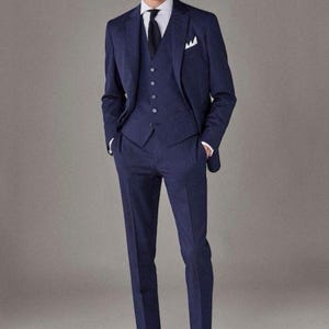 Elegant Navy Blue Tweed Wool  Men’s 3 Piece Slim Fit Suit – Classic Blazer, Waistcoat, and Trousers – Perfect for Weddings and Formal Events