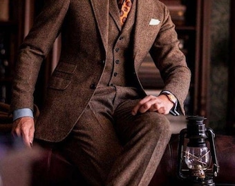 Men's Brown Tweed Wool 3-Piece Suit – Classic Vintage Formal Attire