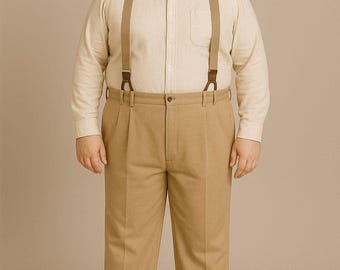Tailored Beige Dress Pants: High-Waist Trousers With Suspenders Buttons